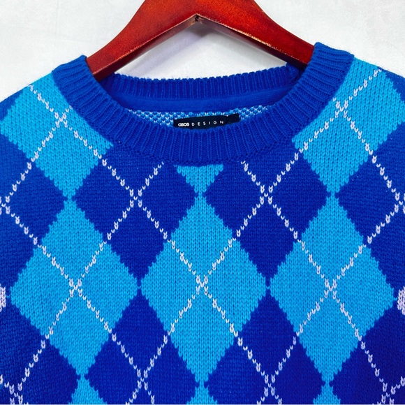 ASOS Preppy Sweater Argyle Purple Knit Stretch Designer Casual Academia Men’s - Picture 5 of 9